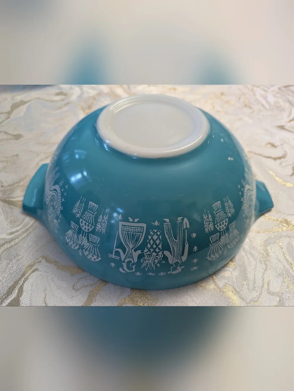 Vintage Pyrex Butterprint Amish Cinderella Mixing Bowl Set — Turquoise & White